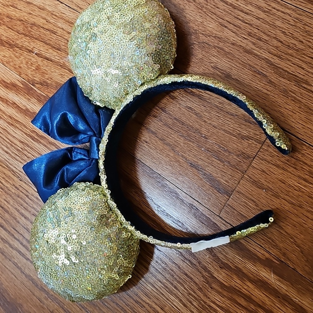 Disney Minnie Ears Gold Sequin Ears with Blue Bow - Picture 2 of 2